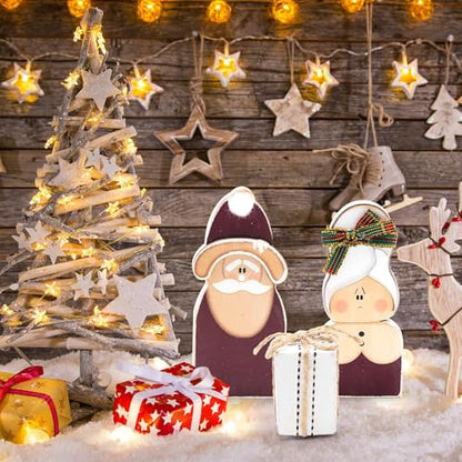 Christmas Decorations Wooden Santa Claus Couple Table Centerpieces - 3 Pcs - Holiday Home Decor