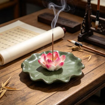 Ceramic Incense Holder with Detachable Lotus & Leaf Tray for Meditation