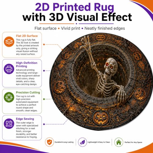 NAZENTI 3D Skeleton Optical Illusion Round Rug - Halloween Floor Mat, Spooky Pumpkin Hole Design, Skeleton Vortex Decoration, Design 1