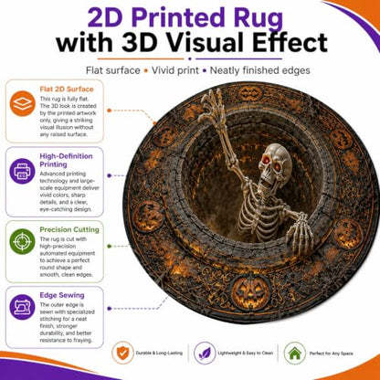 NAZENTI 3D Skeleton Optical Illusion Round Rug - Halloween Floor Mat, Spooky Pumpkin Hole Design, Skeleton Vortex Decoration, Design 1