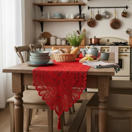 Red Lace Table Runner for Christmas Party Coffee Decor - 13x35 Inches - Variation #1-Red