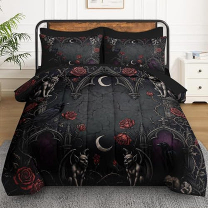 Gothic Skull Comforter Set - Queen Size Bedding with Pillows & Sheets - Variation: Gothic Gargoyle