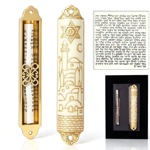 Enamel Mezuzah with Scroll for Door - Jerusalem Skyline Gold Embossed Design