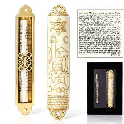 Enamel Mezuzah with Scroll for Door - Jerusalem Skyline Gold Embossed Design