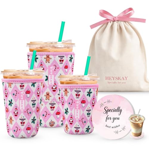Coffee Cup Sleeve Set for 16-32oz Drinks with Christmas Theme and Coasters - Includes 3 Sleeves, Gift Bag & Ceramic Coaster (Variation: Check Christmas-for 16-32oz Coffee Cup)