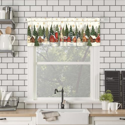 Christmas Village Snowy Window Valance - Rustic Winter Kitchen Decor 54x18 Inch - Variation 2