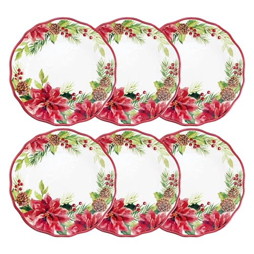 Poinsettias Melamine Dinner Plate Set - Christmas Flower-Shaped Plates, 11 Inch, Set of 6 - Red, BPA-Free, Dishwasher Safe