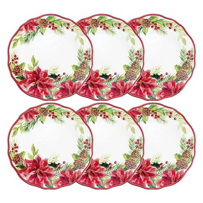 Poinsettias Melamine Dinner Plate Set - Christmas Flower-Shaped Plates, 11 Inch, Set of 6 - Red, BPA-Free, Dishwasher Safe