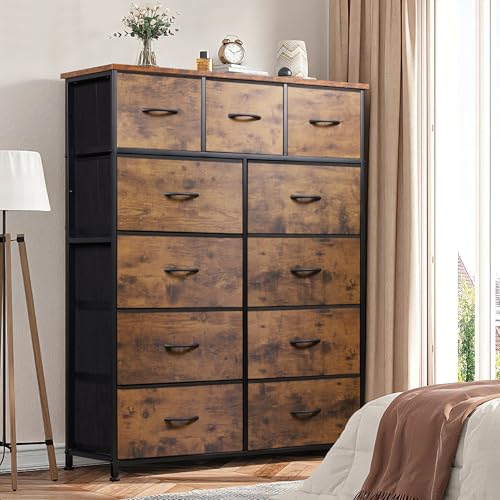 Entertainment Center with 11 Fabric Drawers - Rustic Brown, 11.7"D x 39.6"W x 49.3"H