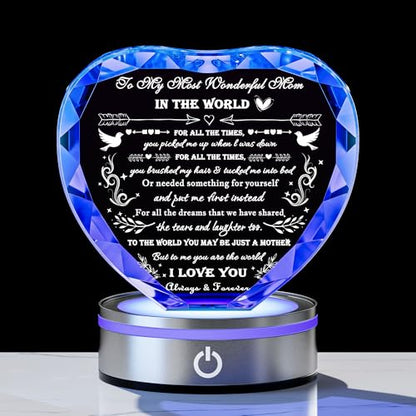 Wonderful Mom Night Light Crystal Engraved Heart World with Colorful LED Base