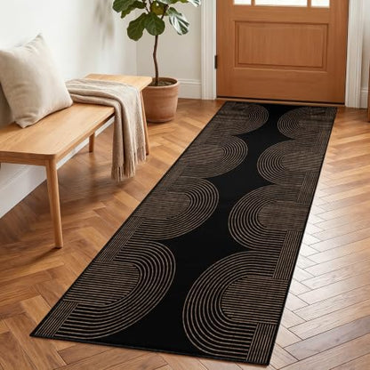 Gold and Black Geometric Runner Rug for Hallway 4x12ft - Non Slip & Machine Washable