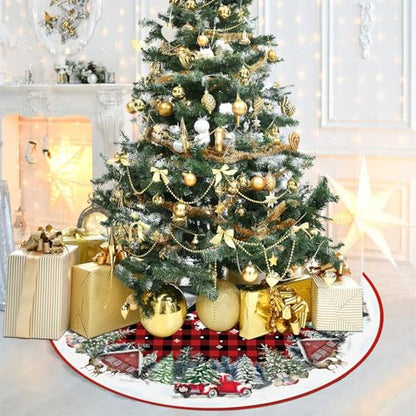 Red Buffalo Plaid Christmas Tree Skirt 48 Inch with Truck Design