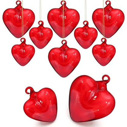 Red Glass Heart Ornaments - 10 Pack Christmas Holiday Decor