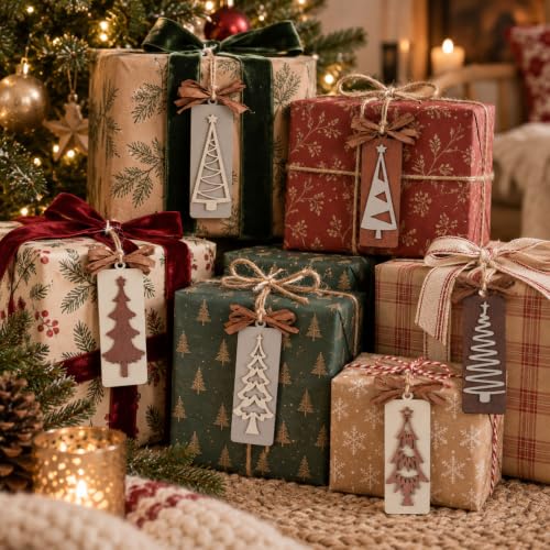 Rustic Wooden Christmas Tree Ornaments Set with Bows - Farmhouse Holiday Decor