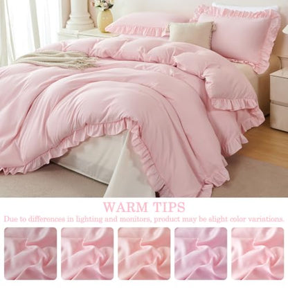 Pink Ruffle Twin Duvet Cover Set for Girls - Soft Polyester Bedding