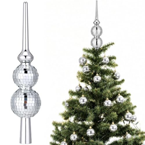 Civaner 12 Inch Christmas Tree Topper Disco Style Mirror Finial - Vintage Silver Ornament