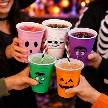 Multicolor 16oz Halloween Plastic Cups with Lids & Straws - Pack of 50
