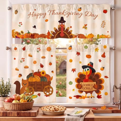 Thanksgiving Turkey Fall Kitchen Curtain Set 3 Pieces - Turkey / 11.4"W x 11.4"L