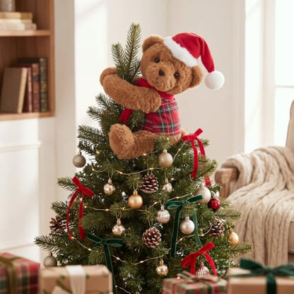 15.75 Inch Christmas Bear Tree Topper - Plush Tartan Plaid Holiday Decor