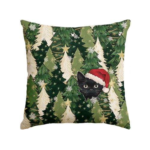 18x18 Inch Christmas Tree Stars Black Cat Throw Pillow Cover Winter Holiday Decor