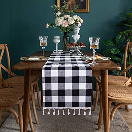 DUOBAO Buffalo Plaid Table Runner 14x108 Inches Black and White Checkered Linen with Tassels for Christmas and Farmhouse Decor