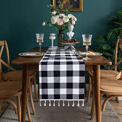 DUOBAO Buffalo Plaid Table Runner 14x108 Inches Black and White Checkered Linen with Tassels for Christmas and Farmhouse Decor