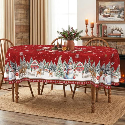 Red Oval Christmas Tablecloth 60 x 102 Inches Waterproof Holiday Decor - Variation of Christmas Red / 102" x 60" (Oval)