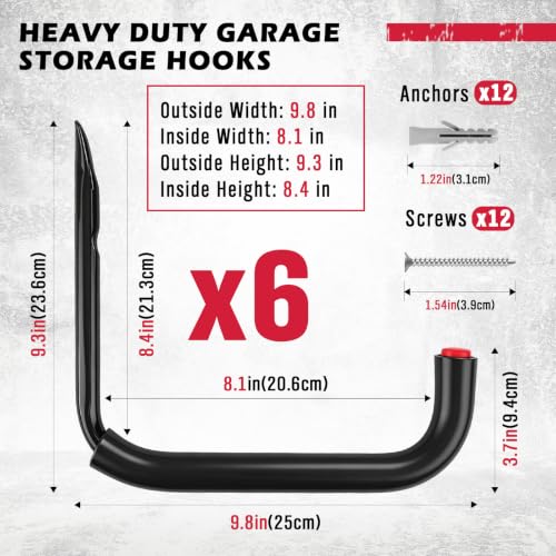 Heavy Duty Garage Wall Hooks Set - 6 Steel Utility Hangers with EVA Padding for Bikes, Ladders, Hoses, Tools