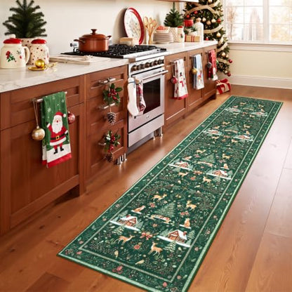 Green Christmas Runner Rug 2x10 Non Slip Washable Hallway Entryway