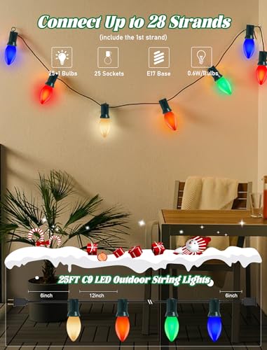 Outdoor C9 LED Christmas Lights 25Ft Multicolor String Waterproof with 26 Bulbs - Variation of THIS listing