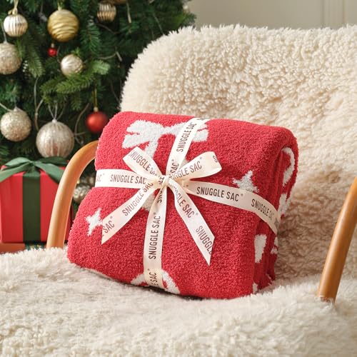 Christmas Throw Blanket 50x60 Inches Reversible Soft Cozy Decor with Red Bow