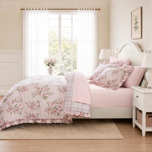 Pink Ruffled Floral Comforter Set Full Size - 7 Piece Bed-In-A-Bag