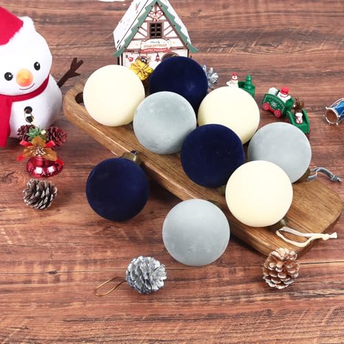 3.15 Inch Velvet Christmas Ornaments Bulk - Beige, Haze Blue & Navy Blue, 24 Pack