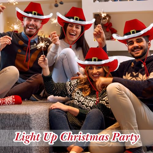 Suhine Christmas Cowboy Hats Light Up Santa Claus Cowgirl Hats Bulk - 18 Pack