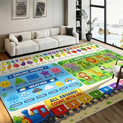 Kids Learning Rug - Alphabet Fruit Vegetable Number Train Carpet 5x6 Rectangular