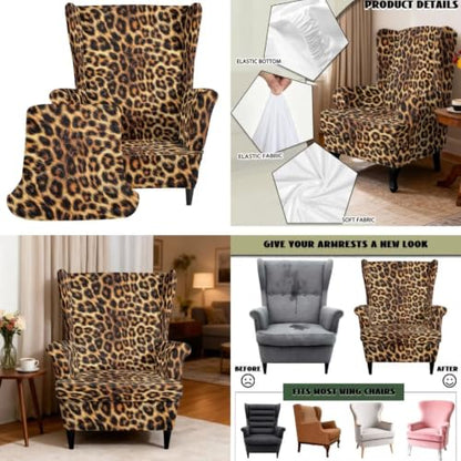 Leopard Print Wingback Chair and Ottoman Slipcover Set - Sarogrorin