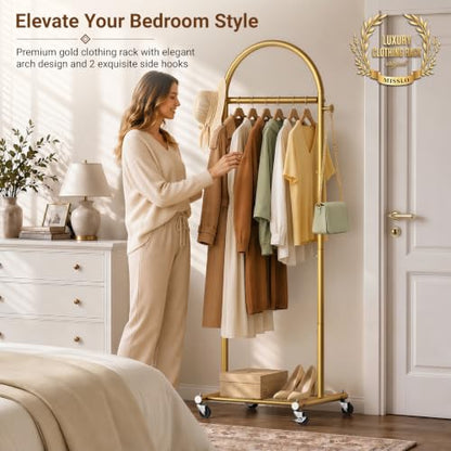 MISSLO Gold Small Clothes Rack 18-Inch Arched Style with Wheels and Shelves