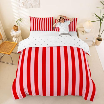 Manfei Red Pink Stripes Kids Duvet Cover Set Queen Size - Abstract Geometric Bedding
