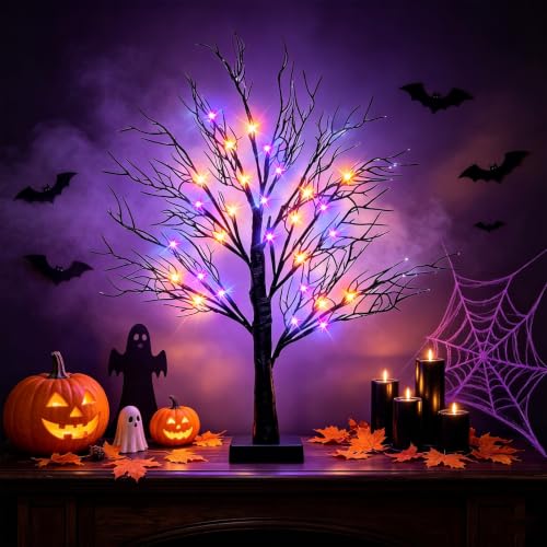 Halloween Decor Indoor 26-Inch Black Tree with Orange and Purple LED Lights - Orange Purple Variation