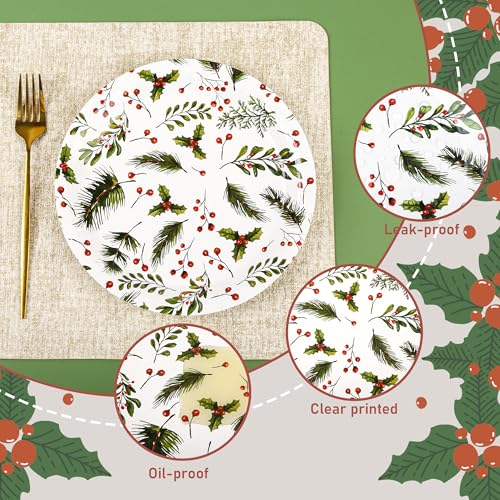 Christmas Paper Plates Holly Berries Disposable Party Plates Set of 48
