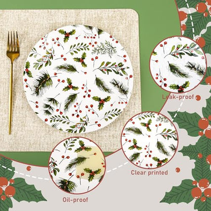 Christmas Paper Plates Holly Berries Disposable Party Plates Set of 48