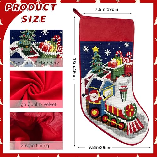 Needlepoint Christmas Stocking - Vintage 18 Inch Xmas Stocking with Personalized Name Tag and Train Embroidery
