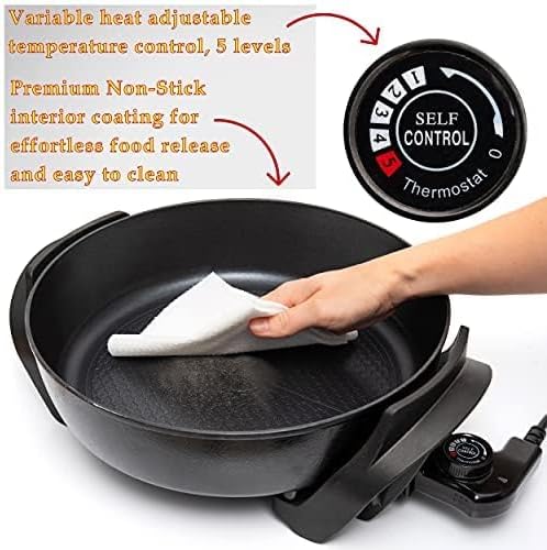 Moss & Stone Electric Skillet - 12-Inch Nonstick Frying Pan with Vented Lid & Adjustable Temperature Control
