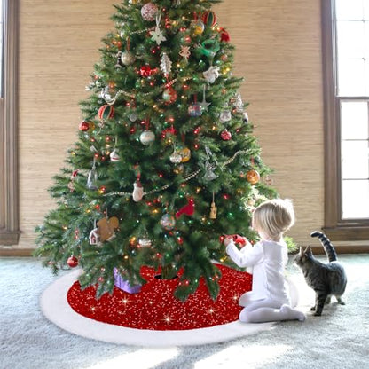 Dremisland Sequin Christmas Tree Skirt 36 Inch Red Faux Fur Border - Holiday Decor