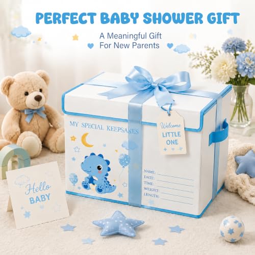 Baby Memory Keepsake Box 16x12x12 Inch Elephant Dinosaur Pattern - Blue