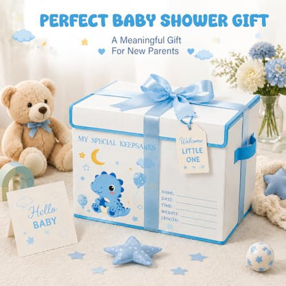 Baby Memory Keepsake Box 16x12x12 Inch Elephant Dinosaur Pattern - Blue