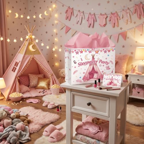 Pink Sleepover Party Gift Bag with Wrapping Paper and Card for Girls Teens