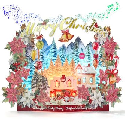 Pop Up Christmas Cards - 3D Musical Lights Up Woodland Winter Holiday Scene - Variation of THIS listing
