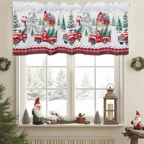 Christmas Kitchen Window Curtain 18x54 Inch Red Xmas Valance with Rod Pocket - Holiday Decor