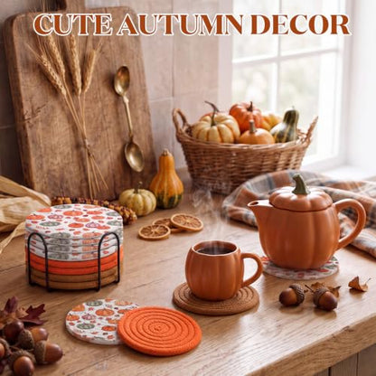 Fall Pumpkin Coaster Set with Metal Holder - 8 Woven Cotton Drink Coasters, Autumn Decor